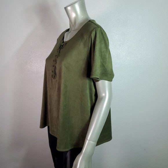 Falls Creek Top Plus Sz 2X Faux Suede Lace Up Cropped Stretch Short Sleeve Green - Picture 3 of 6
